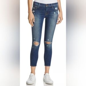 Size 29 J BRAND "AFFINITY DESTRUCT" Low Rise Crop Blue Distressed Skinny Jeans
